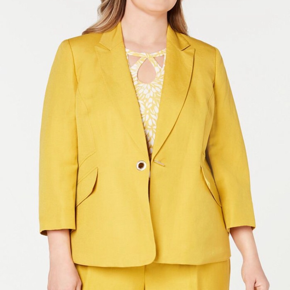 Kasper Linen Blend Lined One Button Jacket 3/4 Ruched Sleeves-Butterscotch Sz 18